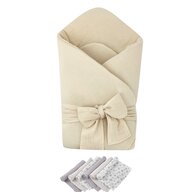 Pachet Paturica de infasat Beige, Qmini, Din muselina dubla si 6 scutece 35x35 cm din muselina de bambus