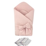 Pachet Paturica de infasat Pink, Qmini, Din muselina dubla si 6 scutece 35x35 cm din muselina de bambus