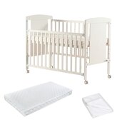 Pachet Patut din lemn bebe, 120x60 cm, Cu laterala culisanta, FreeON, Mia, Saltea 120x60x12 cm si protectie impermeabila