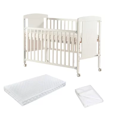 Pachet Patut din lemn bebe, 120x60 cm, Cu laterala culisanta, FreeON, Mia, Saltea 120x60x12 cm si protectie impermeabila