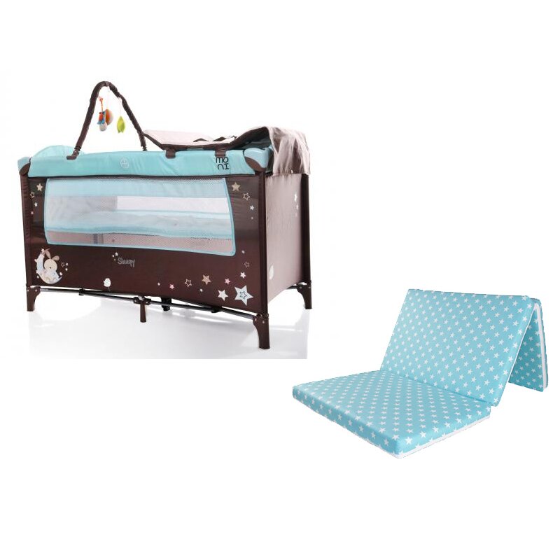 Moni - patut pliant cu doua nivele sleepy , cu saltea pliabila inclusa, 120x60 cm, albastru