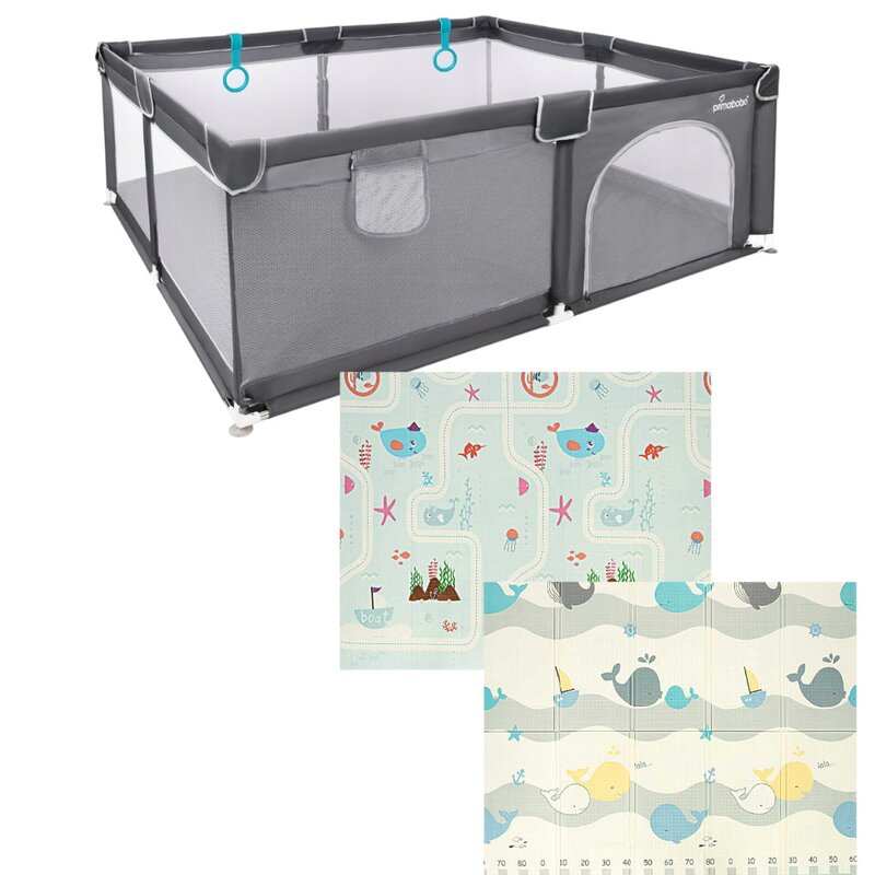 Pachet Tarc de joaca copii, Luna, 150 x 180 cm, Conform cu EN 12227:2010, Gri si Covoras educativ, Bocioland, City Water, Impermeabil, 150 x 180 cm