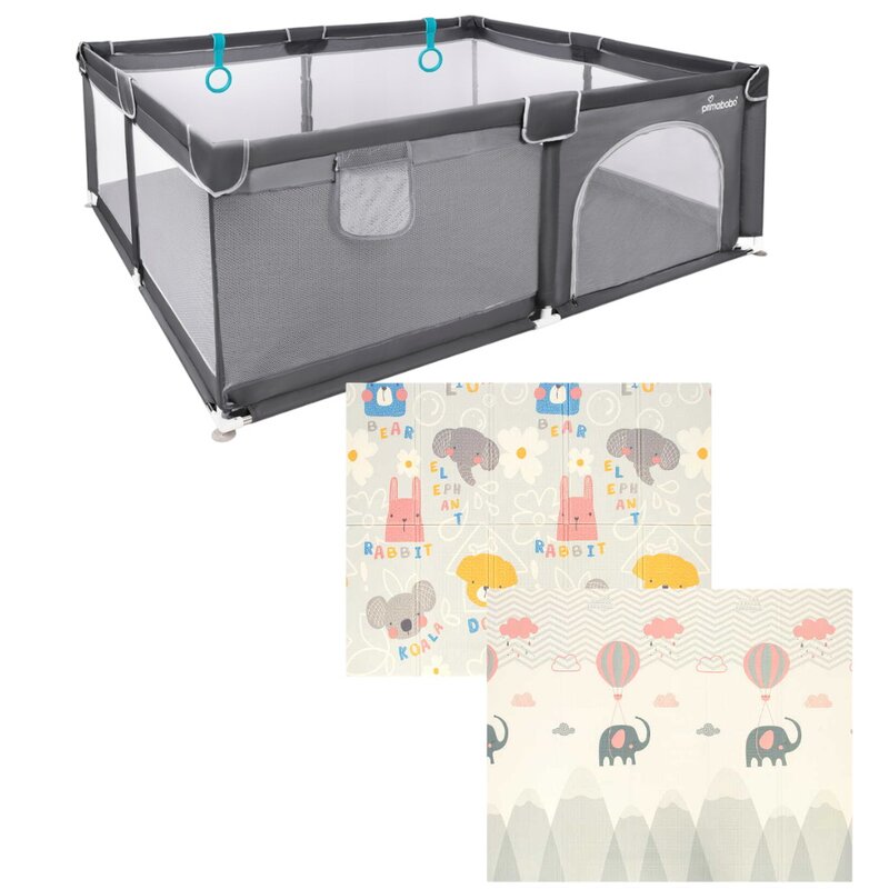 Pachet Tarc de joaca copii, Luna, 150 x 180 cm, Conform cu EN 12227:2010, Gri si Covoras educativ, Bocioland, Grey Elephant, Impermeabil, 150 x 180 cm
