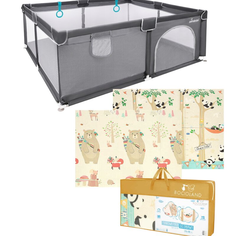 Pachet Tarc de joaca copii, Luna, 150 x 180 cm, Conform cu EN 12227:2010, Gri si Covoras educativ, Bocioland, Panda, Impermeabil, 150 x 180 cm