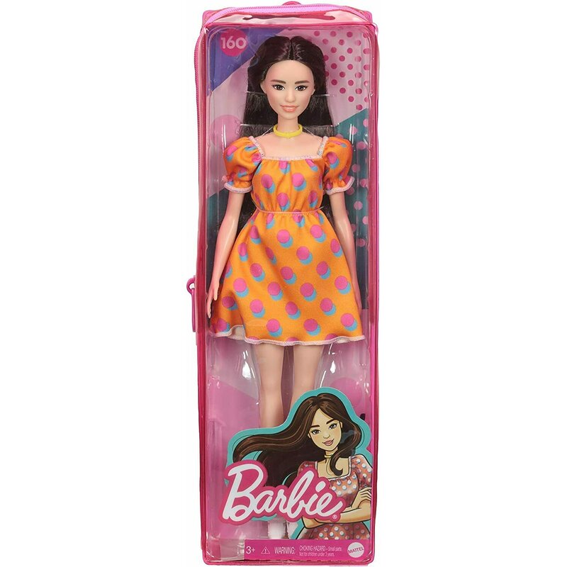 Mattel - papusa barbie fashonista, satena, cu rochita cu buline, portocaliu