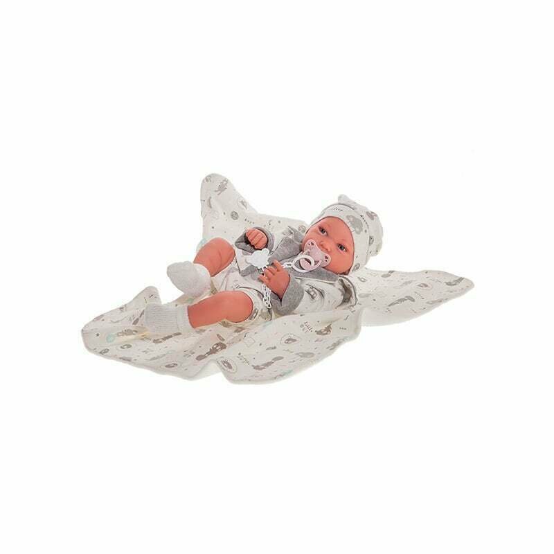 Antonio juan - papusa bebelus nou nascut fetita cu corp anatomic corect, pipa cu hainute gri, 42 cm,