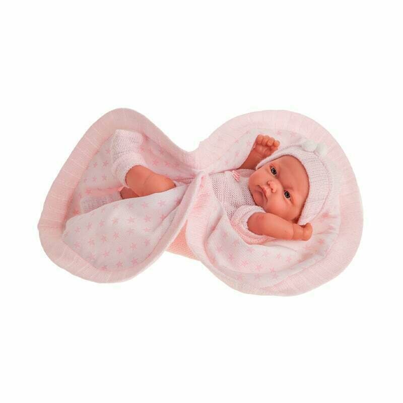 Antonio juan - papusa bebelus nou nascut pitu cu paturica roz, 26 cm,