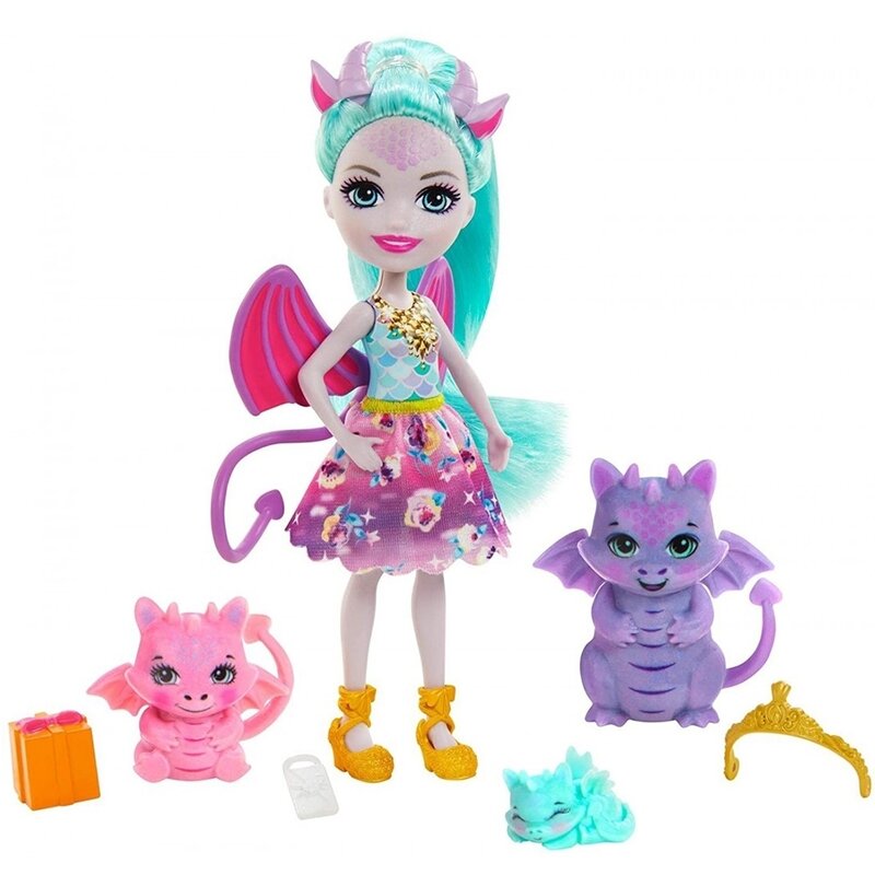 Enchantimals - papusa deanna dragon family cu accesorii, cu 3 figurine by mattel