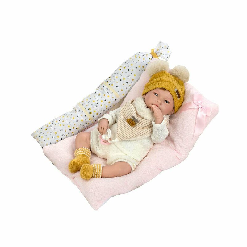 Guca - papusa reborn, fetita mia cu par saten si hainute bej, 46 cm,