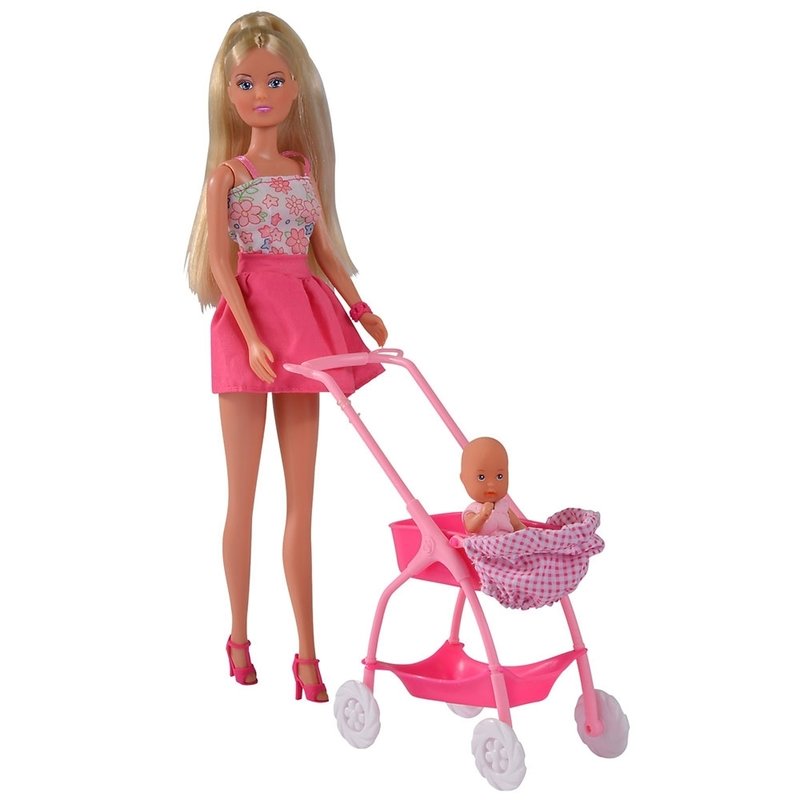 Simba - papusa steffi love baby walk 29 cm, cu carucior si accesorii, roz