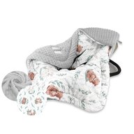 Paturica calduroasa de infasat, MimiNu, Pentru scoica, scaun auto/carucior, Cu gluga si urechi,  90x90 cm, Din tesatura pufoasa, Materiale certificate Oeko Tex Standard 100, Lulu Natural Grey