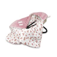 Paturica calduroasa, MimiNu, Pentru scoica, scaun auto/carucior, Cu gluga si urechi, Dimensiune 90x90 cm, Din Minky + Bumbac, Materiale certificate Oeko Tex Standard 100, Design, Ducklings Powdery Pink