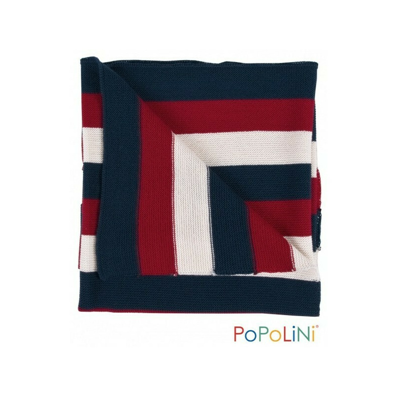 Paturica colorful stripes din lana merinos organica impletita - 90x90 cm - iobio