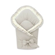 Paturica de infasat, MimiNu, Cu volanase si dantela, Cu multiple utilizari, Cu inchidere cu panglica, Dimensiune 75x75 cm, Din bumbac certificat Oeko Tex Standard 100, Beige