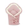 Paturica de infasat, MimiNu, Cu volanase si dantela, Cu multiple utilizari, Cu inchidere cu panglica, Dimensiune 75x75 cm, Din bumbac certificat Oeko Tex Standard 100, Powder Pink