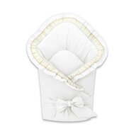 Paturica de infasat, MimiNu, Cu volanase si dantela, Cu multiple utilizari, Cu inchidere cu panglica, Dimensiune 75x75 cm, Din bumbac certificat Oeko Tex Standard 100, White
