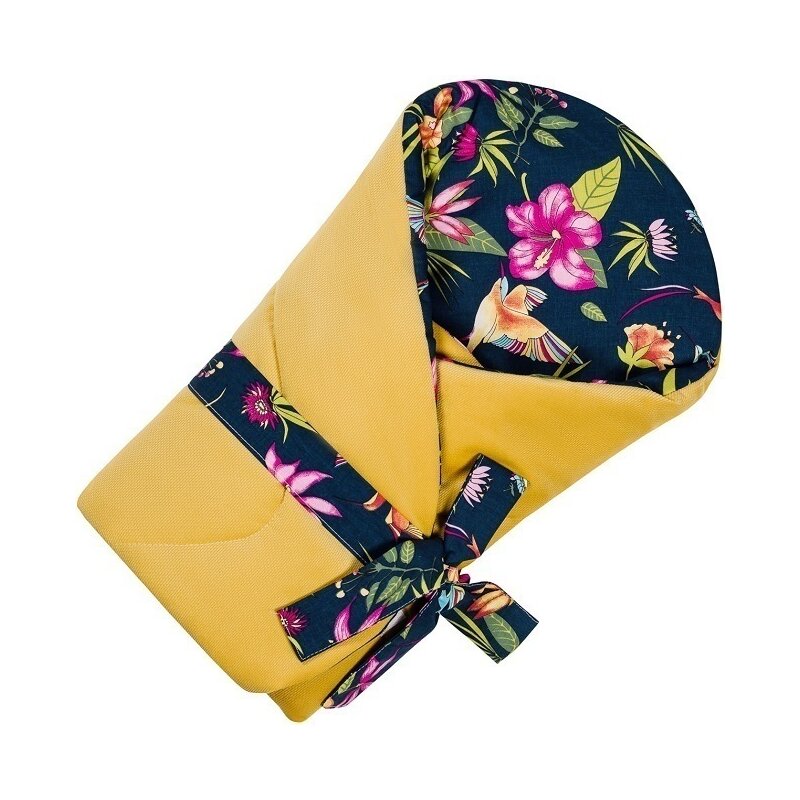 Infantilo - paturica de infasat flori multifunctionala velvet din bumbac, 75x75 cm, albastru/galben