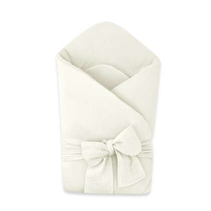 Paturica de infasat, Qmini, Din muselina dubla, Cu inchidere cu panglica, Dimensiune 75x75 cm, Din material certificat Oeko Tex Standard 100, Cream