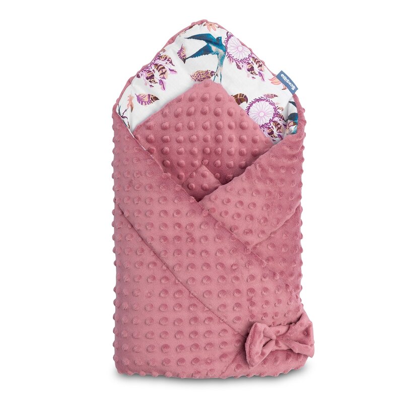 Sensillo - paturica de infasat minky wrap retro birds din bumbac, 80x80 cm, roz