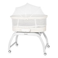 Patut balansoar, Lionelo, Coral, Cu landou ergonomic detasabil, Functie de balansare integrata, Functie de cantar, Sunete si cantece de leagan, Cu roti, Panou tactil sau telecomanda, 0-9 kg, EN 1130:2019+AC:2020,EN 16890:2017+A1:2021, Alb