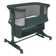 Patut co-sleeper, Lionelo, Jodie, Multifunctional, Reglabil in 6 pozitii pe inaltime, Saltea cu densitate T25, Functie de leganare, Cu plasa de tantari, Buzunar depozitare, Geanta transport,  84x48x70-80 cm, Verde inchis