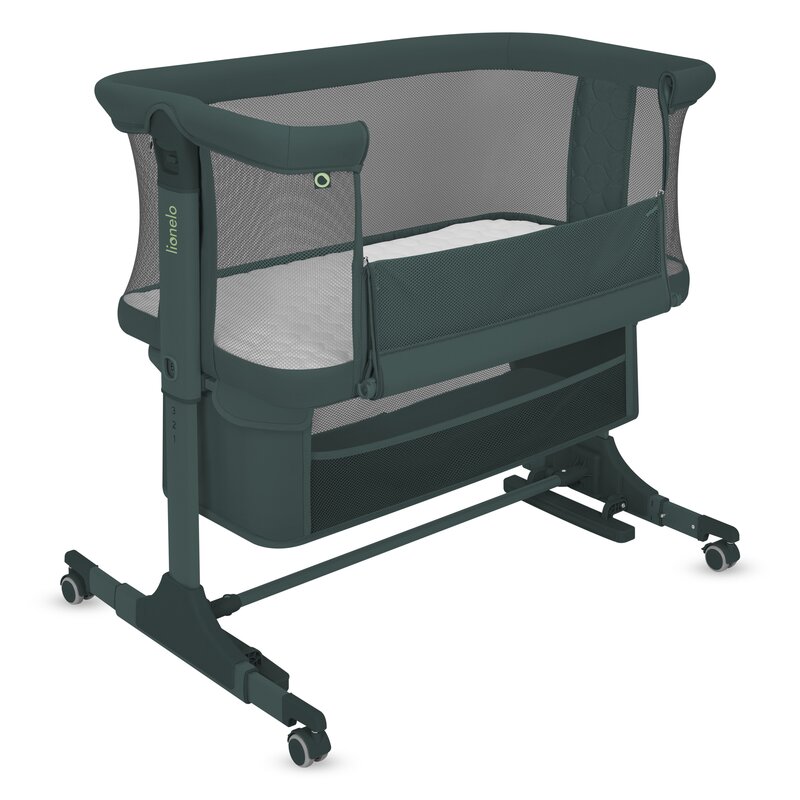 Patut co-sleeper, Lionelo, Jodie, Multifunctional, Reglabil in 6 pozitii pe inaltime, Saltea cu densitate T25, Functie de leganare, Cu plasa de tantari, Buzunar depozitare, Geanta transport, 84x48x70