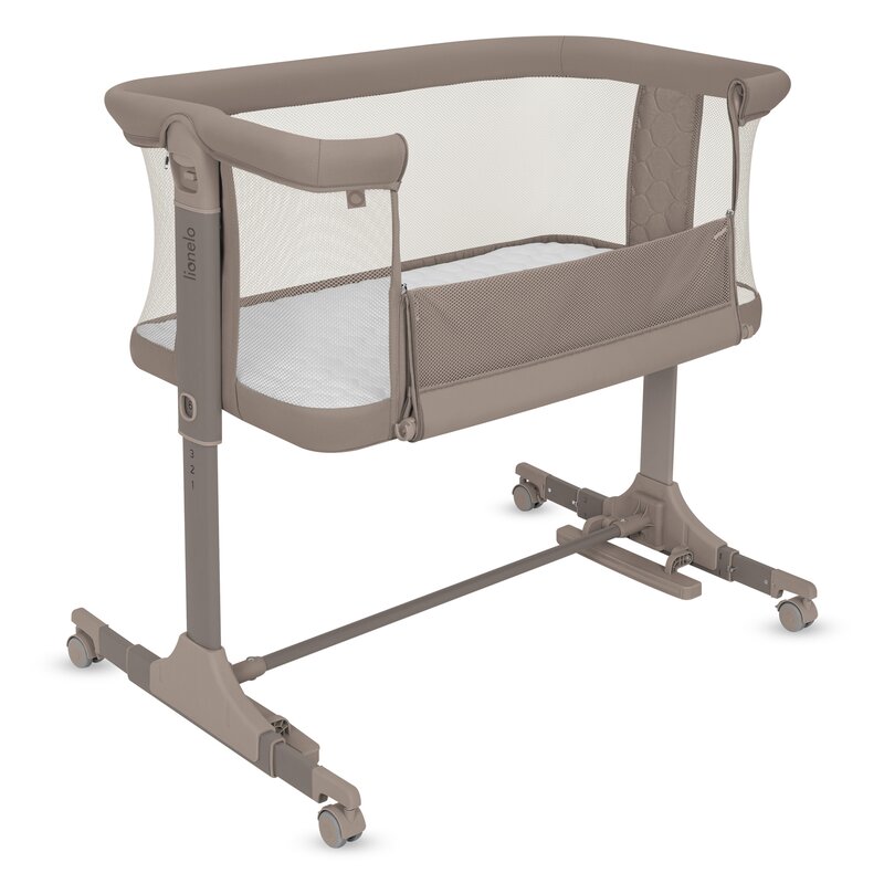 Patut co-sleeper, Lionelo, Pari, Multifunctional, Cu leganare, Reglabil in 6 pozitii pe inaltime, Saltea cu densitate T25, Geanta transport, 84x48x70-80 cm, Taupe