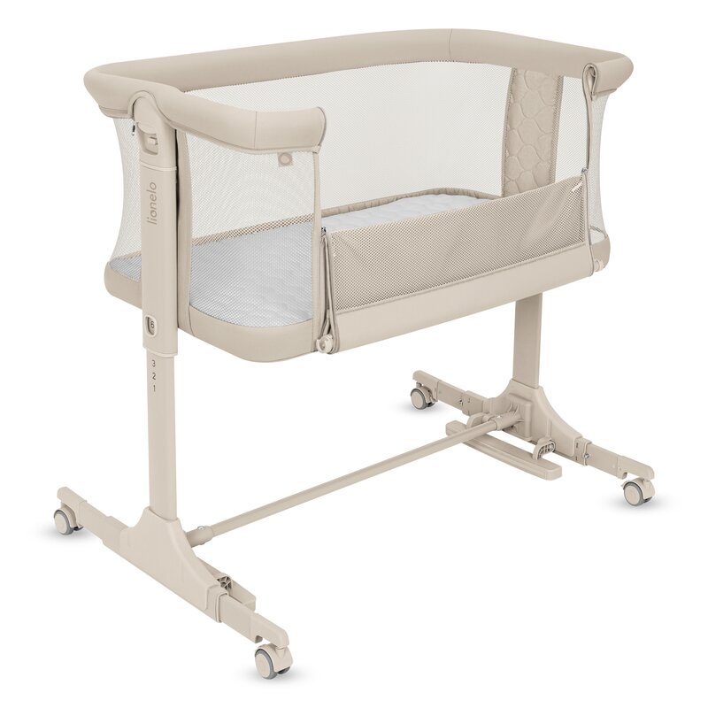 Patut co-sleeper, Lionelo, Pari, Multifunctional, Cu leganare, Reglabil in 6 pozitii pe inaltime, Saltea cu densitate T25, Geanta transport, 84x48x70-80 cm, Bej