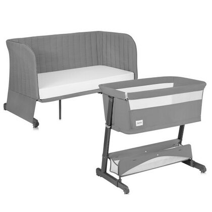 Patut co-sleeper, Lionelo, Thomi Plus, 5 in 1, Multifunctional, Sustine pana la 9 kg ca patut, 15 kg tarc de joaca, 100 kg canapea, Inaltime reglabila in 7 pozitii, De la nastere pana la 4 ani, Cu 2 saltele din spuma T25, 94x70x77-93,5 cm, Gri