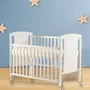 Patut din lemn bebe, 120x60 cm, Cu laterala culisanta, Din pin si mdf, Cu roti, Sina dentitie, Stabil si rezistent, White, FreeON, Mia - 3