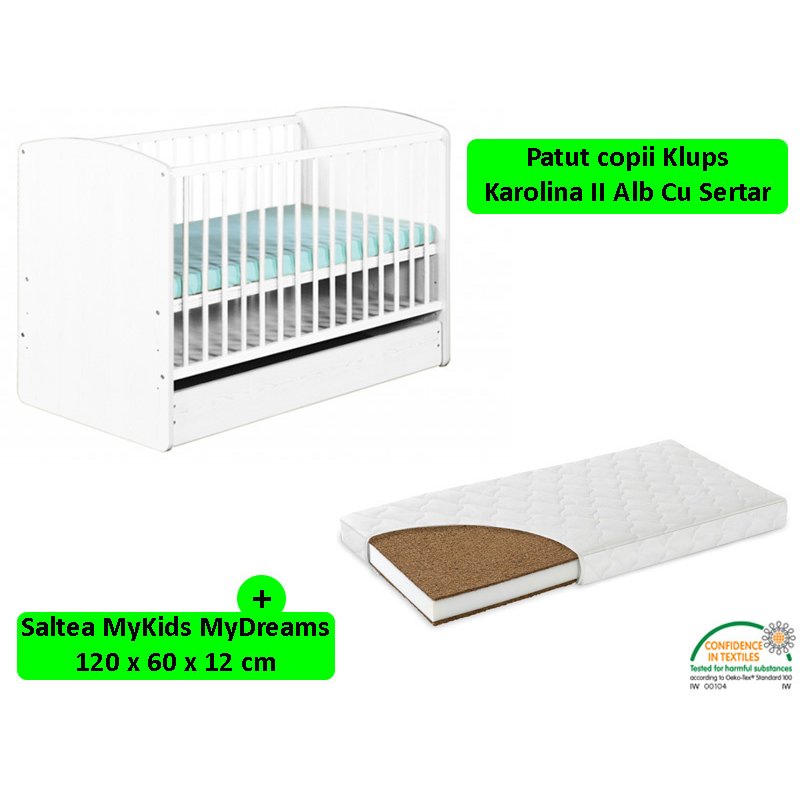 Klups - patut cu sertar karolina ii alb + saltea 12 mykids mydreams ii