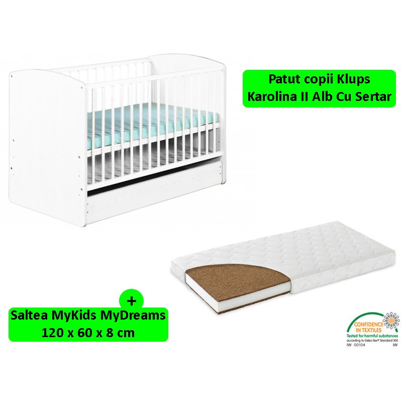 Klups - patut cu sertar karolina ii alb + saltea 8 mykids mydreams ii