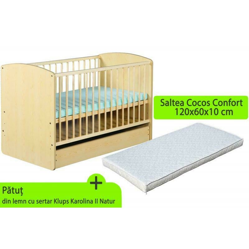 Klups - Patut cu sertar Karolina II Natur + saltea 10 Mykids confort II