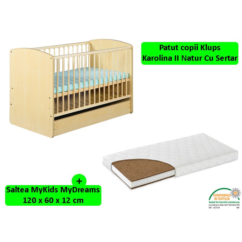 Klups - patut cu sertar karolina ii natur + saltea 12 mykids mydreams ii