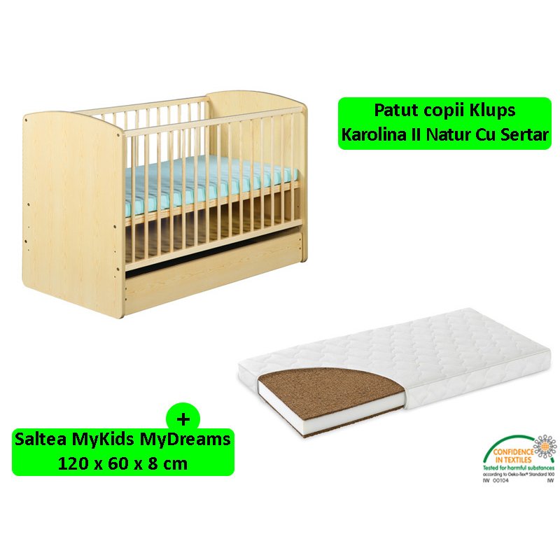 Klups - patut cu sertar karolina ii natur + saltea 8 mykids mydreams ii