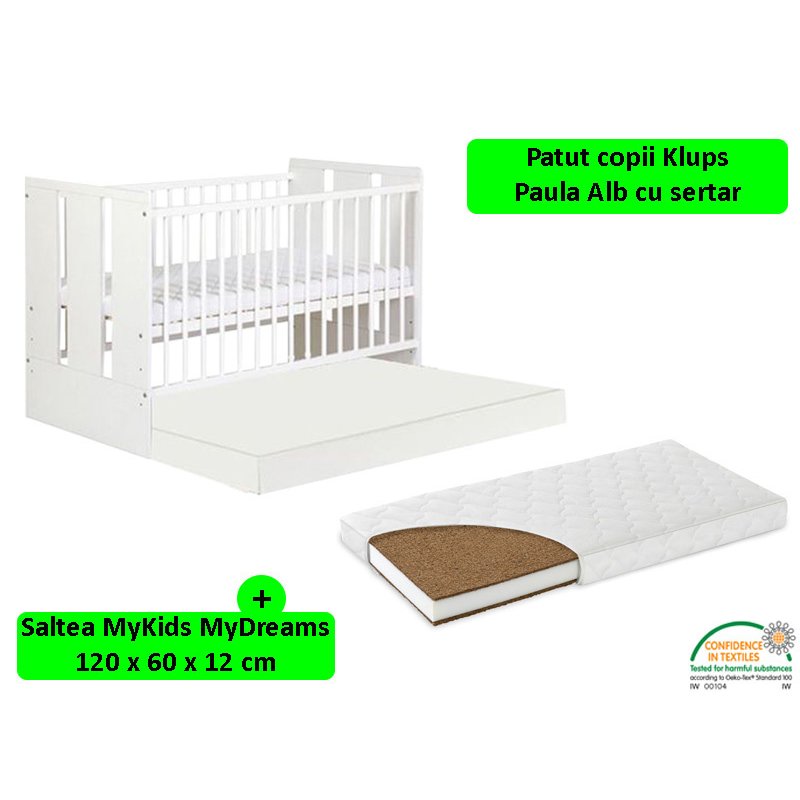 Klups - patut cu sertar paula alb + saltea 12 mykids mydreams ii