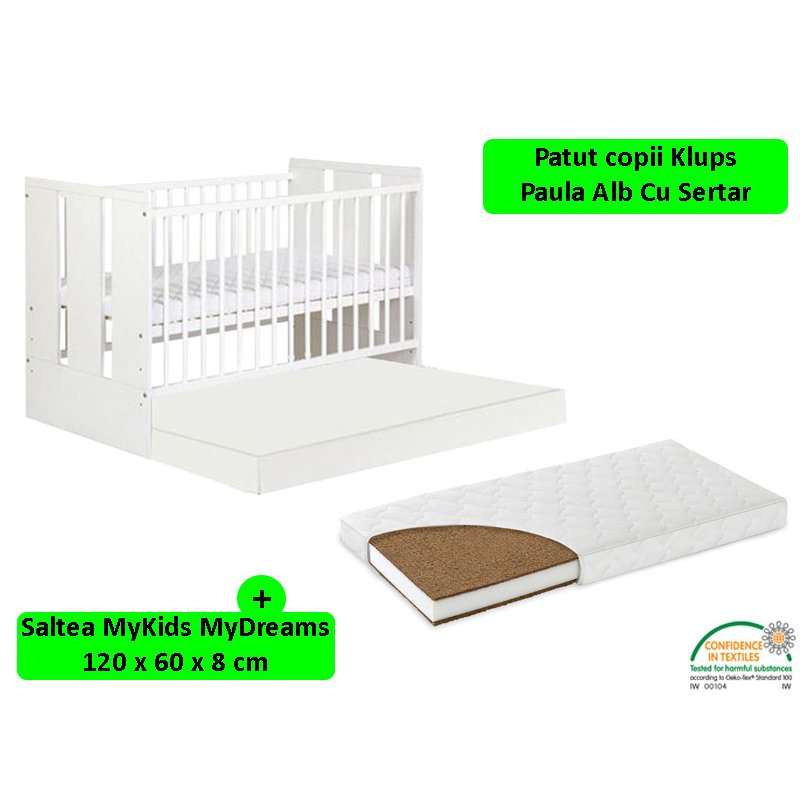 Klups - patut cu sertar paula alb + saltea 8 mykids mydreams ii