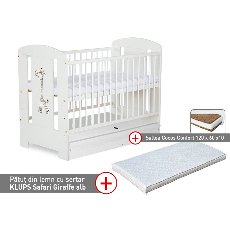 Klups - patut cu sertar safari giraffe alb + saltea 10 confort ii
