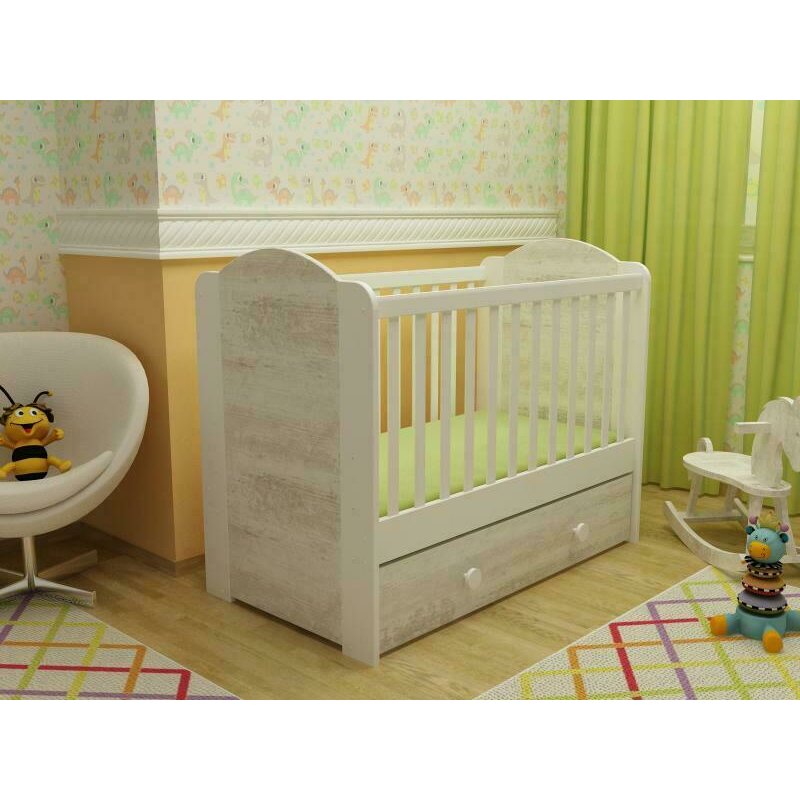 Mykids - patut cu sistem de leganare cu sertar happy, 120x60 cm, alb/bej