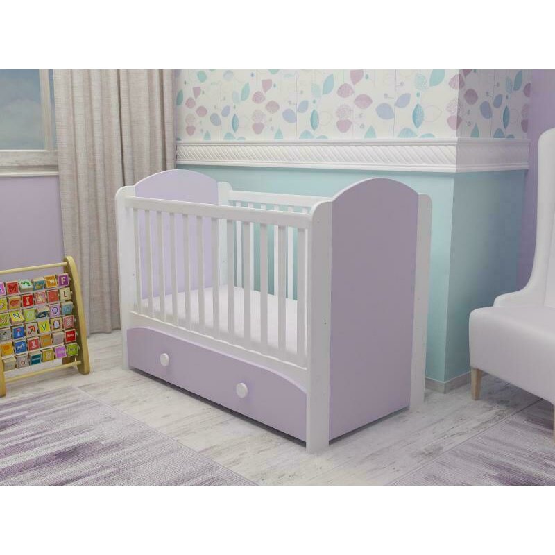 Mykids - patut din lemn cu sertar miki, 120x60 cm, alb/violet