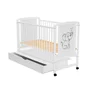 Patut din lemn bebe, 120x60 cm, Cu sertar, Din lemn de pin si mdf, Stabil si rezistent, Inaltime saltea reglabila pe 3 nivele, Laterala cu 3 bete detasabile, EN716-1, EN716-2, Alb, Qmini, Timmi Elephant, Resigilat - 9
