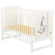 Patut din lemn bebe, 120x60 cm, Din lemn de pin si mdf, Stabil si rezistent, Inaltime saltea reglabila pe 3 nivele, Laterala cu 3 bete detasabile, EN716-1, EN716-2, Alb, Babyneeds, Timmi Girafa, Resigilat