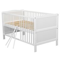 Patut din lemn bebe, Transformabil si pentru junior, 140x70 cm, Din lemn de pin si mdf, Stabil si rezistent, Inaltime saltea reglabila pe 3 nivele, Laterala cu 3 bete detasabile, EN716-1, EN716-2, Alb, Babyneeds, Nadia, Resigilat 