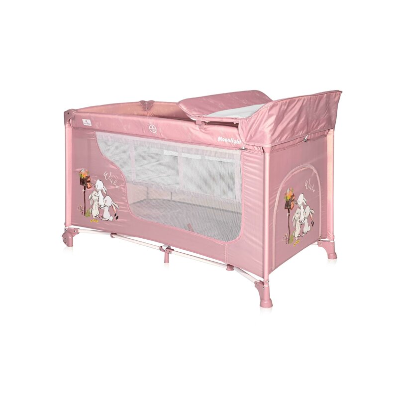 Lorelli - patut pliant cu doua nivele moonlight , rabbits, 120x60 cm, bej/roz