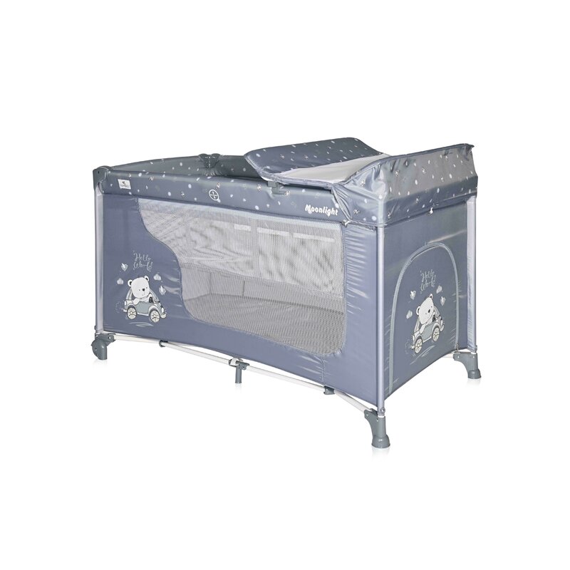 Lorelli - patut pliant cu doua nivele moonlight , car, 120x60 cm, albastru/gri