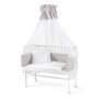 Patut pentru copii 2in1, 90 cm x 55 cm, lemn de fag, Alb, vopsea certificata, roti blocabile, laterala detasabila, co-sleeping, Saltea inclusa, Aparatoare laterala din bumbac, Baldacin cu Suport Metalic, Waldin, Equipment Gri, S81 - 1