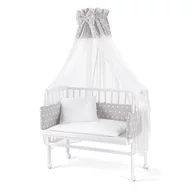 Patut pentru copii 2in1, 90 cm x 55 cm, lemn de fag, Alb, vopsea certificata, roti blocabile, laterala detasabila, co-sleeping, Saltea inclusa, Aparatoare laterala din bumbac, Baldacin cu Suport Metalic, Waldin, Equipment Gri, S81