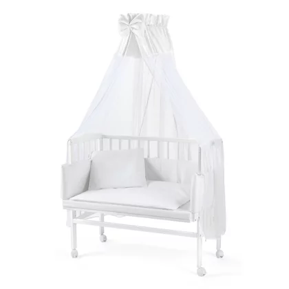 Patut co-sleeping Waldin, 90x55 cm, fag, vopsea certificata, roti, saltea, accesorii incluse, laterala detasabila, alb