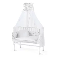 Patut pentru copii, Waldin, 2in1, 90 cm x 55 cm, lemn de fag, vopsea certificata, roti blocabile, laterala detasabila, co-sleeping, Saltea inclusa, Aparatoare laterala din bumbac, Baldachin cu Suport Metalic, Equipment, Alb,
