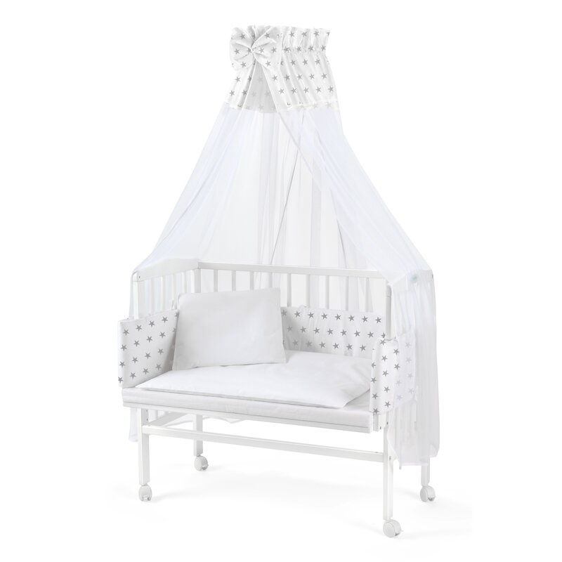 Patut pentru copii, Waldin, 2in1, 90 cm x 55 cm, lemn de fag, vopsea certificata, roti blocabile, laterala detasabila, co-sleeping, Saltea inclusa, Aparatoare laterala din bumbac, Baldachin cu Suport Metalic, Equipment, Alb,